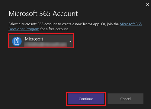 A captura de tela mostra a opção Conta do Microsoft 365 com Continuar.